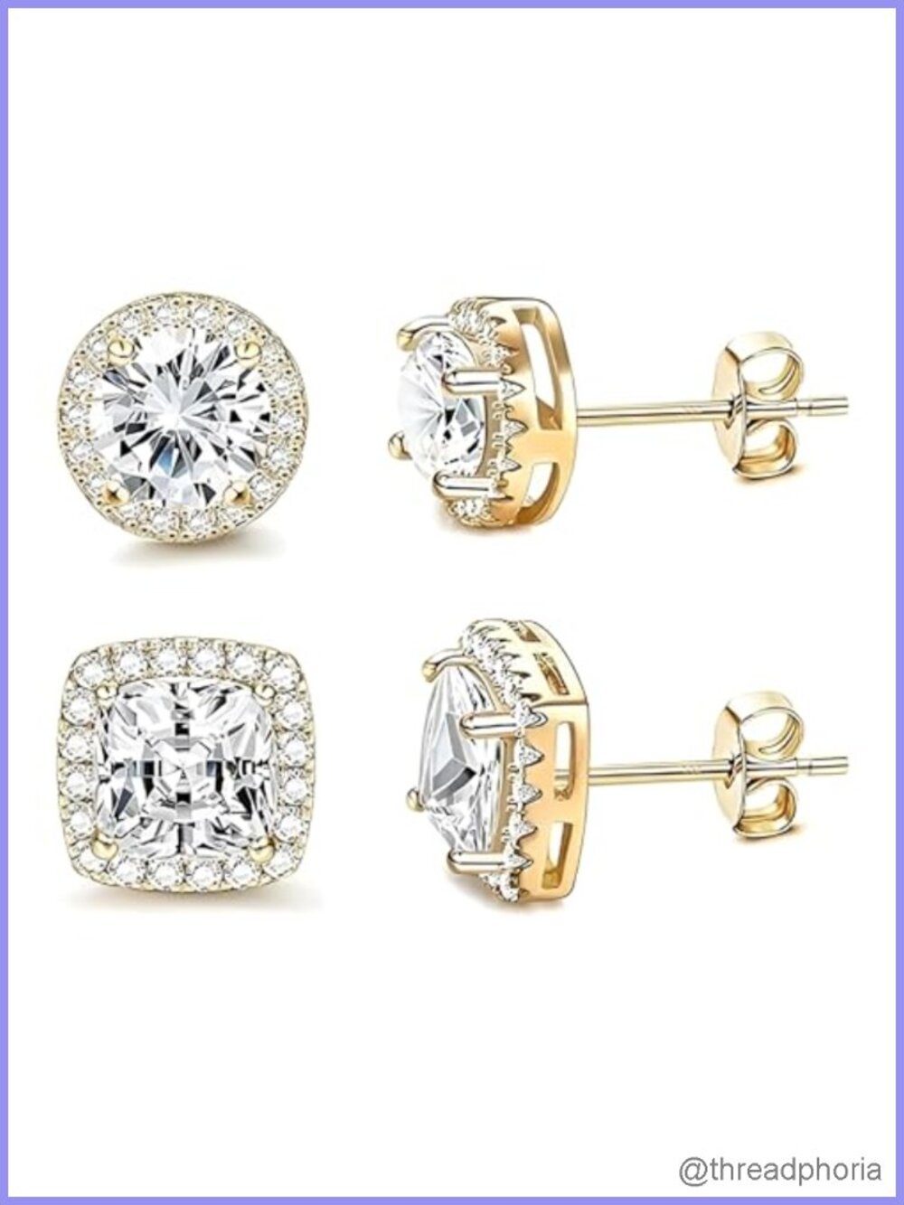 18K White Gold Plated Cubic Zirconia Halo Stud Earrings 2 Pairs Set